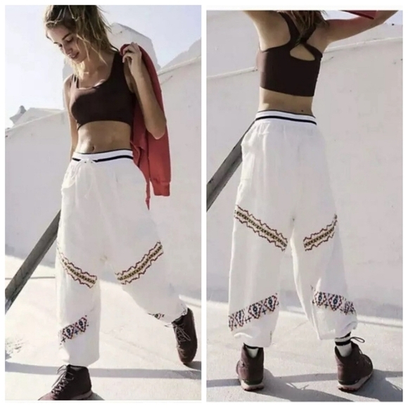 Free People Crystal Sport Joggers Embroidered Ribbed Waist Ivory Red Gold Large - Picture 1 of 16